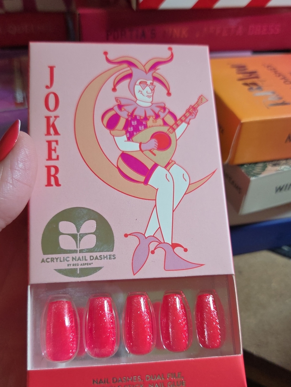 JOKER JENAE Red Acrylic Press-On Nails - Women Makeup Press-On Nails COFFIN